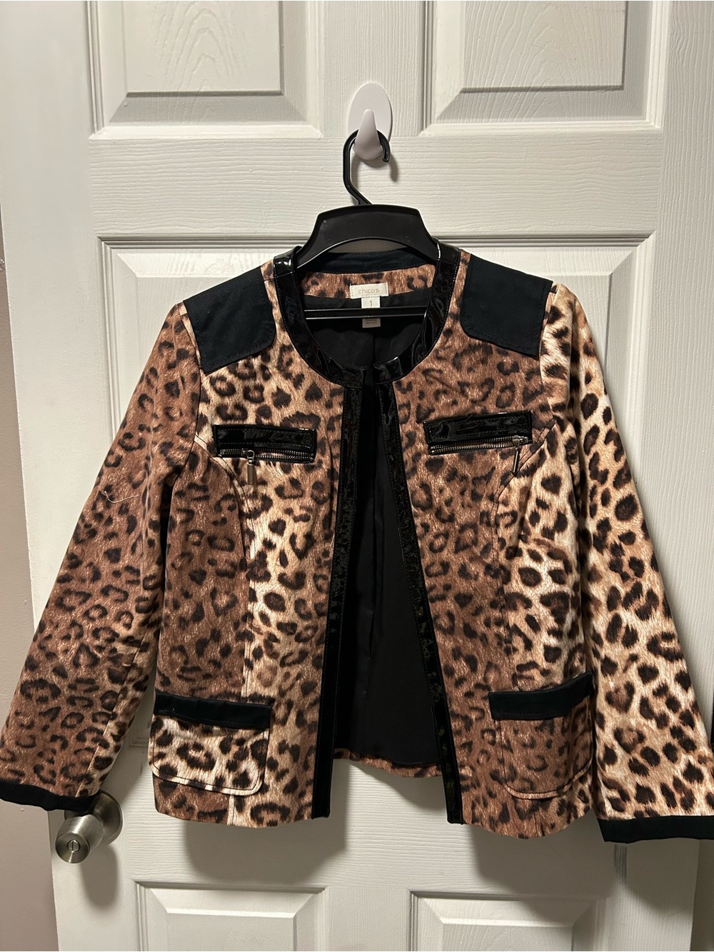 Chico's Leopard Print Open-Front Jacket with Black Accents